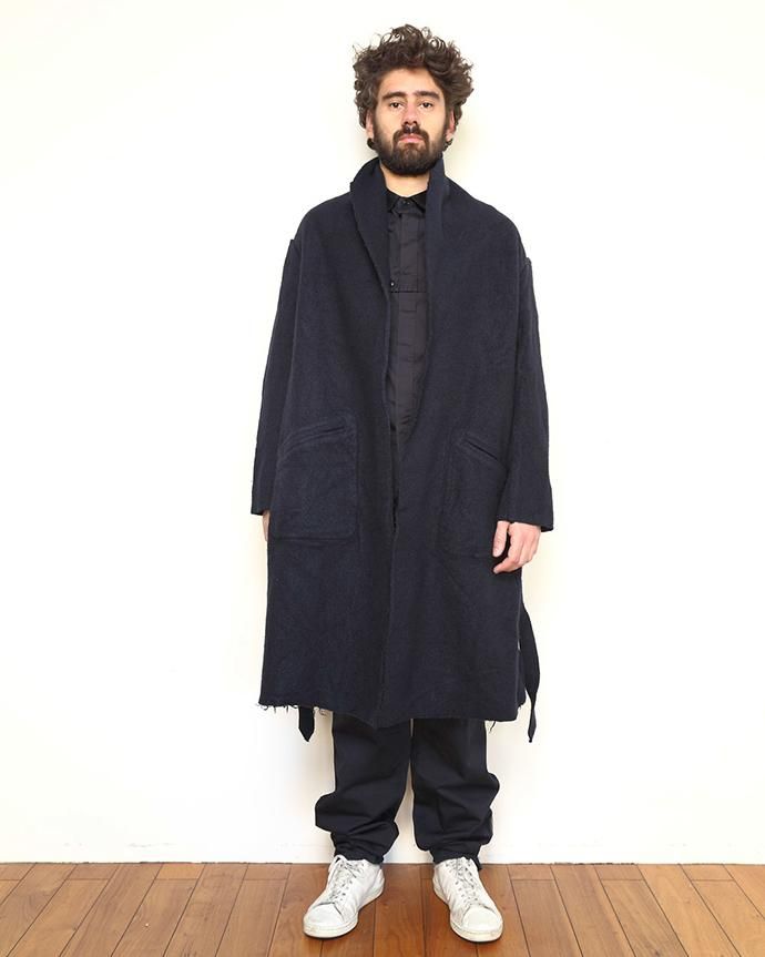 blurhms BHS-C17FW06 Shrink Cotton-Wool Roll Coat - Black Navy 圧縮ウール/コットン ガウンコート ネイビー 02