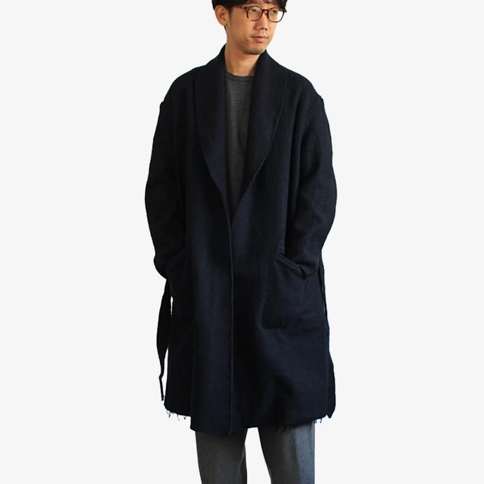 blurhms BHS-C17FW06 Shrink Cotton-Wool Roll Coat - Black Navy 圧縮ウール/コットン ガウンコート ネイビー 02