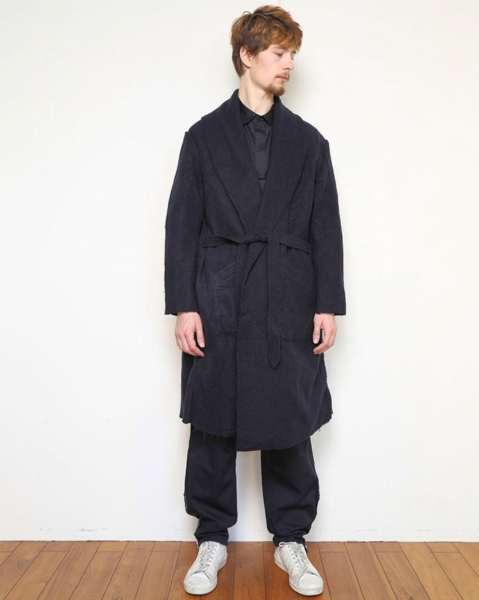 blurhms BHS-C17FW06 Shrink Cotton-Wool Roll Coat - Black Navy 圧縮ウール/コットン ガウンコート ネイビー 02