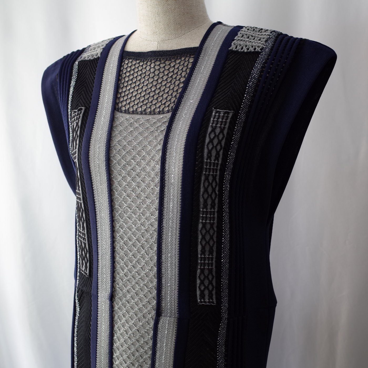 Mame Kurogouchi マメクロゴウチ-Net Stripe Knit Dress-Navy-【SALE対象品】 - LOCALERS