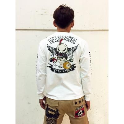 【美品】VANSON　デスラビット　フェイクレイヤード　長袖Tシャツ　Lサイズ VANSON 長袖Tシャツ デスラビット ドクロ 刺繍 姫川 Tシャツ