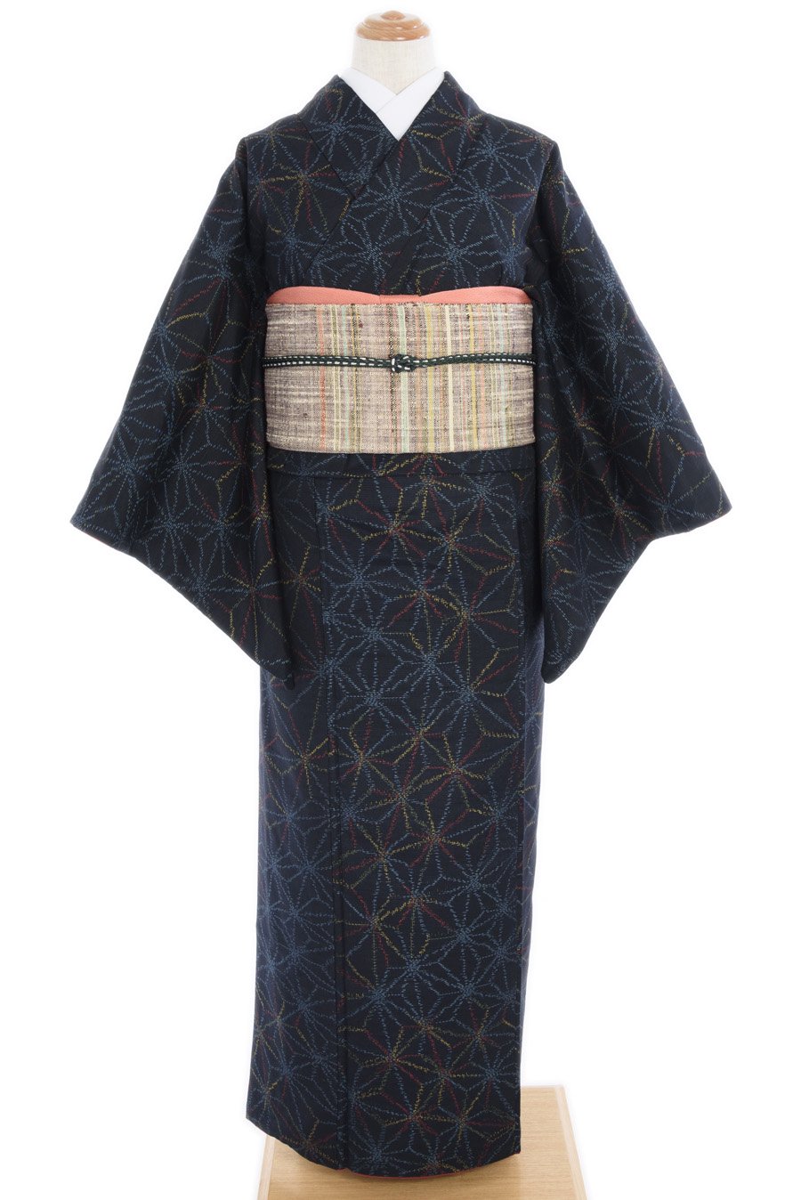 紬 濃藍色 麻の葉 - からん::アンティーク着物・リサイクル着物の通販サイト