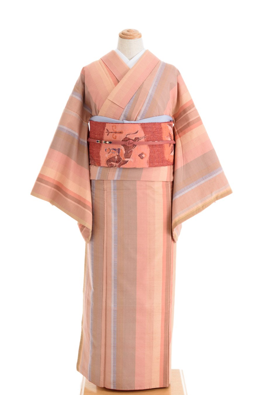 ピンクベース ランダムな縞 紬 からん アンティーク着物 リサイクル着物の通販サイト