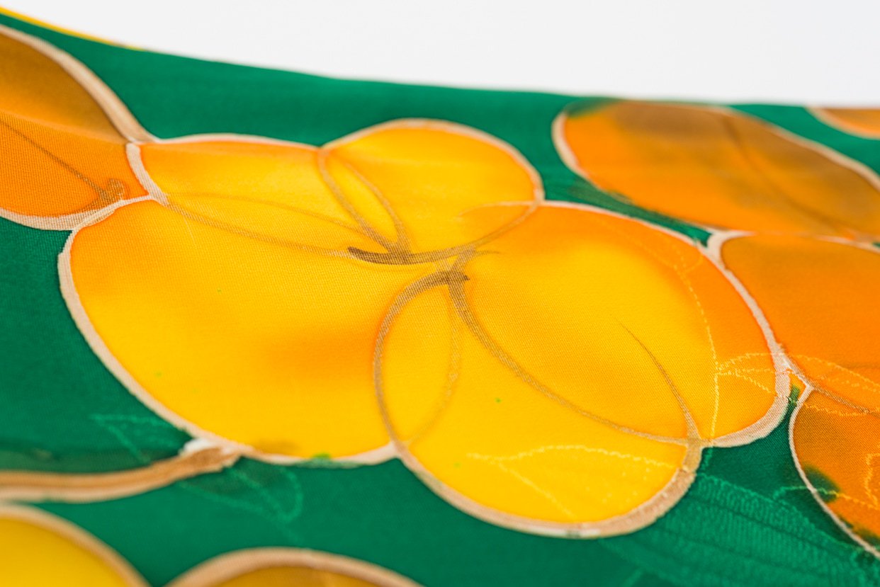 黄色とオレンジ 地紋起こしの大きな花 からん アンティーク着物 リサイクル着物の通販サイト