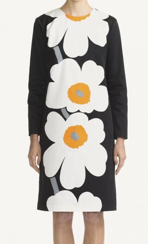 マリメッコ Marimekko ウニッコ柄ワンピース Unikko Woven Lenita ブラック ホワイト オレンジ