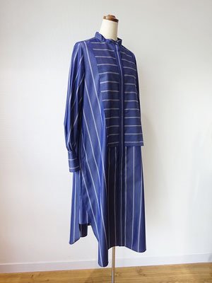 M・fil エムフィル クールストライプ デザインシャツドレス ネイビー