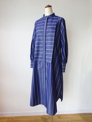 M・fil エムフィル クールストライプ デザインシャツドレス ネイビー