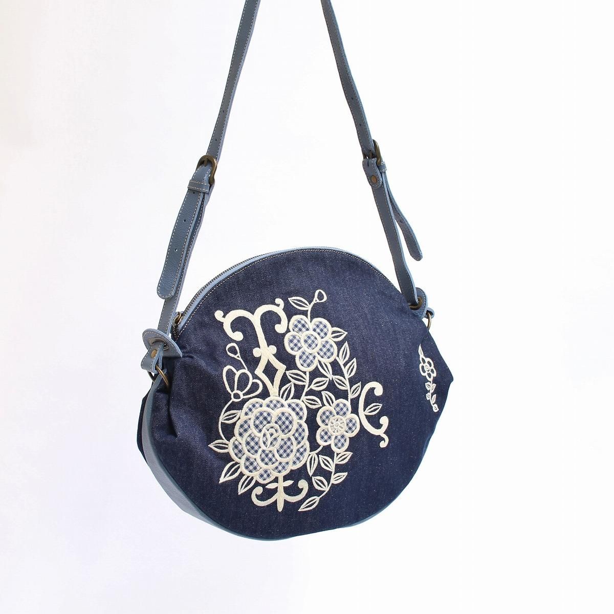 花レース刺繍 ショルダーバッグ ブルーグレー革 デニム地 タイプ 花レース刺繍 ショルダーバッグ ブルーグレー革 デニム地 タイプ