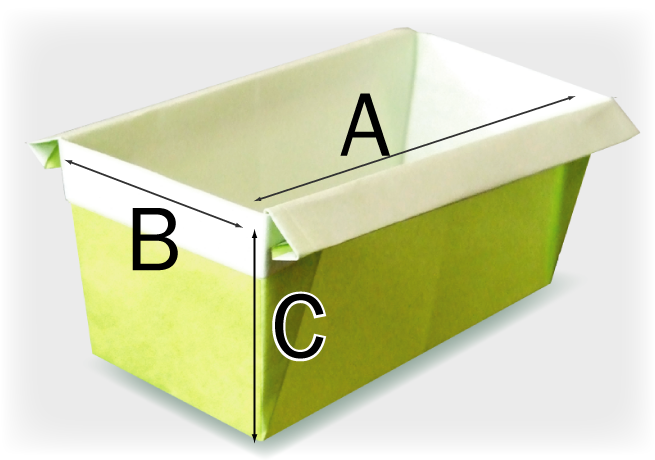 箱の長辺:A,短辺:B,高さ:C
