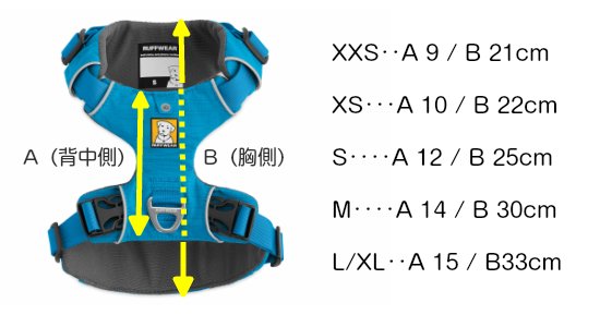 背中側と胸側のパッドサイズ（XXS~L/LX）