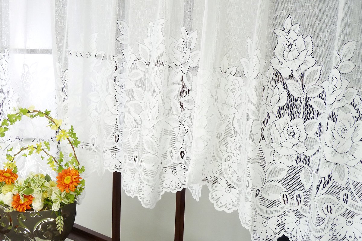 出窓用カーテン ローズ アーチタイプの花柄激安レースカーテン