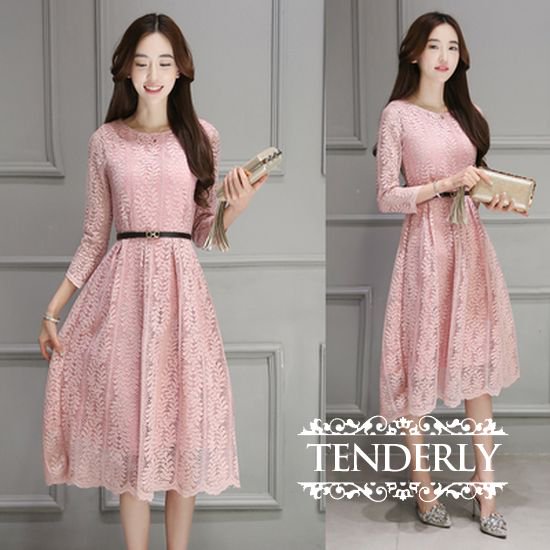総ボタニカルレースの ミモレ丈ワンピース ピンク 韓国プチプラパーティードレス通販 Tenderly Dress