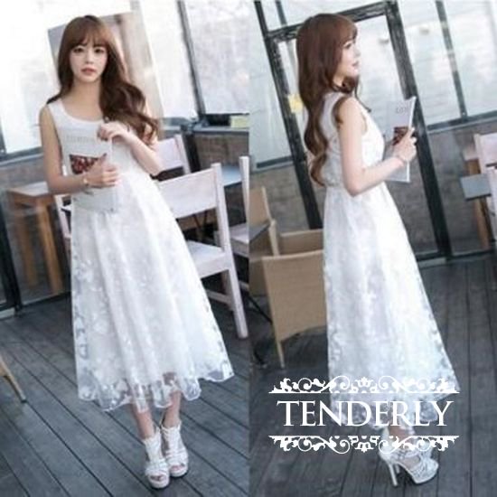 ボタニカルレースが可憐で清楚 ロングワンピース 白 韓国プチプラパーティードレス通販 Tenderly Dress