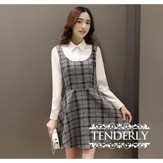 レトロ清楚ガーリーなチェック柄aラインジャンパースカートと長袖白ブラウスのドッキングワンピース 韓国プチプラパーティードレス通販 Tenderly Dress