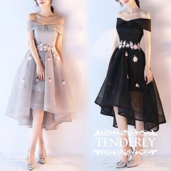 色っぽ可愛い花モチーフの膝丈オフショルダードレス 韓国プチプラパーティードレス通販 Tenderly Dress