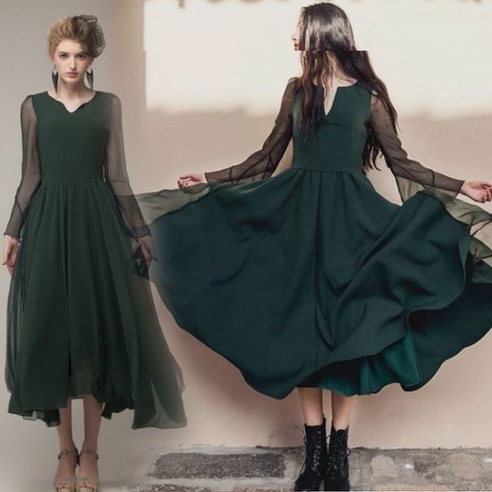 即納 シースルー袖シフォン スキッパー ロングドレス ワンピース 韓国プチプラパーティードレス通販 Tenderly Dress