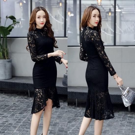 きれいめ黒レース 長袖ミモレ丈フィッシュテールワンピース