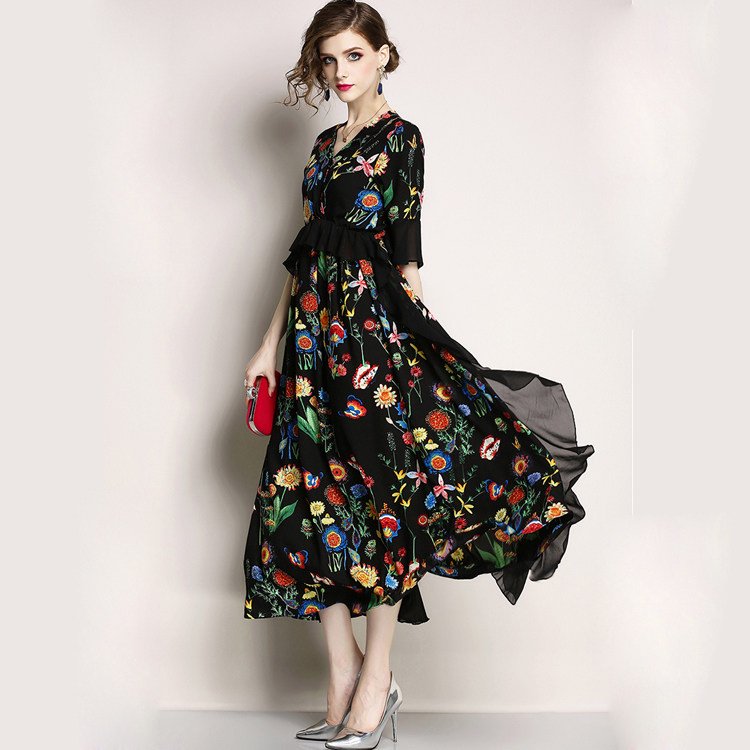 個性的なフラワープリント ポイントフリルロングワンピース 韓国プチプラパーティードレス通販 Tenderly Dress