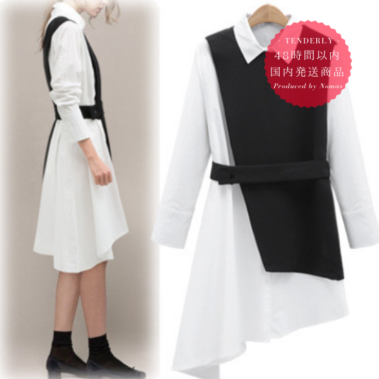 即納 アシンメトリーデザインの長袖白シャツワンピース 韓国プチプラパーティードレス通販 Tenderly Dress