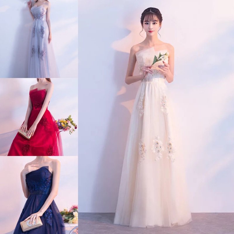 演奏会やお色直しに ガーリーなフラワーモチーフ ベアトップロングドレス 韓国プチプラパーティードレス通販 Tenderly Dress