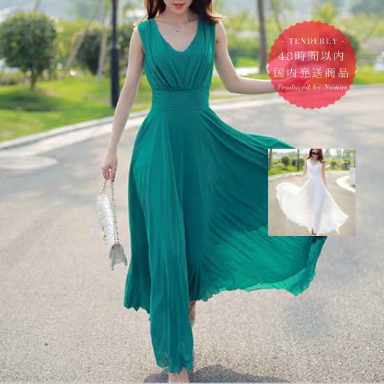 即納 ノースリーブシフォンマキシ サマードレス ワンピース 白 緑 黒 韓国プチプラパーティードレス通販 Tenderly Dress