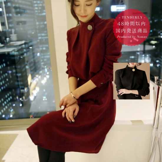 即納 上品レトロな長袖膝丈フレア Xラインワンピース 韓国プチプラパーティードレス通販 Tenderly Dress
