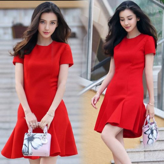 マーメイド 半袖 Aライン 赤 ワンピース 韓国プチプラパーティードレス通販 Tenderly Dress