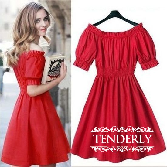 半袖エレガント オフショル レッド カラーワンピース 赤 韓国プチプラパーティードレス通販 Tenderly Dress