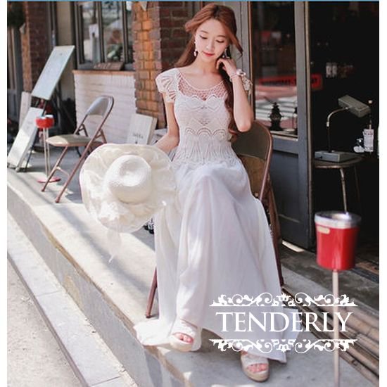 レースコンビ 2ピースマキシ丈ワンピース 白 韓国プチプラパーティードレス通販 Tenderly Dress