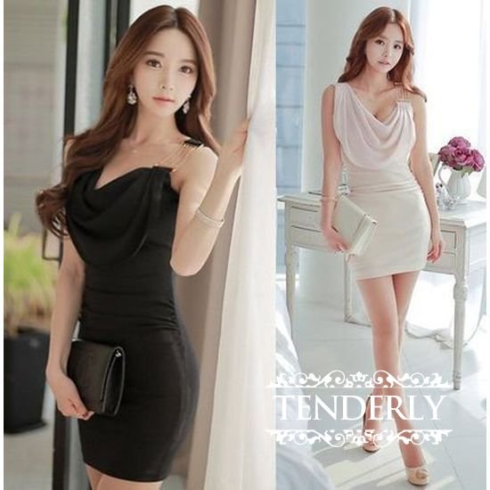 ショルダーチェーン ドレープセクシータイトドレスワンピース 黒 ピンクベージュ 韓国プチプラパーティードレス通販 Tenderly Dress