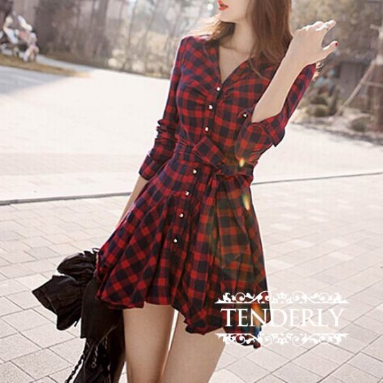 ウエスト絞りでガーリーなxライン 長袖チェックシャツワンピ 韓国プチプラパーティードレス通販 Tenderly Dress