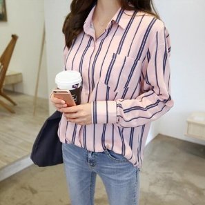 ピンクとネイビーの長袖 ストライプシャツ きれいめオフィス通勤レディース韓国ファッション通販 Maribel
